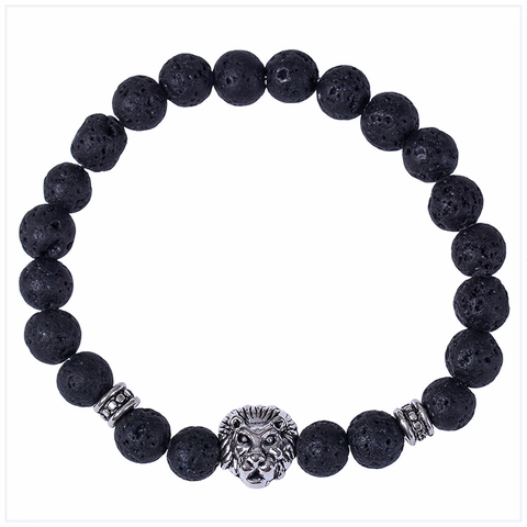 Lion Head Natural Stone Bracelet Lava Volcanic Porous Matte Beads Alloy Spacers Elastic Retro Jewelry Men Unisex