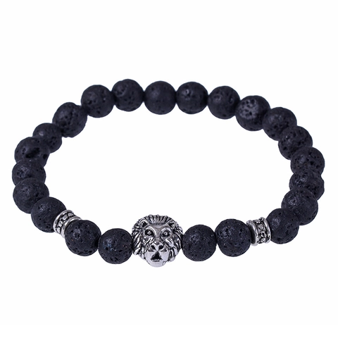 Lion Head Natural Stone Bracelet Lava Volcanic Porous Matte Beads Alloy Spacers Elastic Retro Jewelry Men Unisex