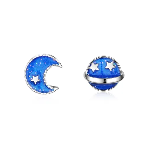 Koreanisch Elegant Asymmetrische Planet Mond Ohrstecker Blau Glitzer Emaille Kupfer Basis Versilbert Schmuck Damen
