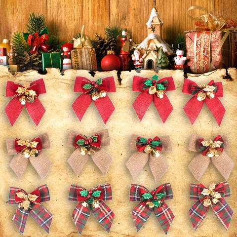 Christmas Bows Linen Burlap Plaid With Bells Artificial Leaves For Tree Wreath Gift Box Hanging Ornament