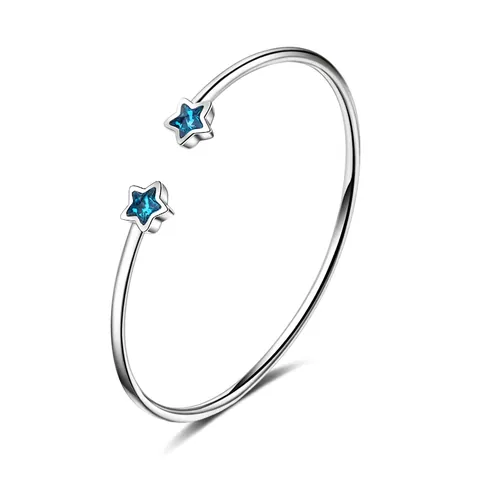 Bracelet Jonc Ouvert Réglable Cuivre Plaqué Or Blanc Avec Cristal Étoile Bleue Bijoux De Mode Coréenne