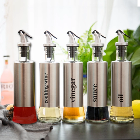 Glass Oil Dispenser Bottle Stainless Steel Leak Proof Vinegar Cruet Kitchen Sauce Pourer With Visualized Bottom