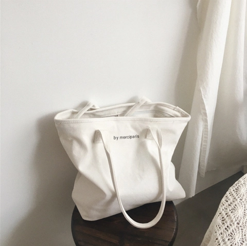 Dames Canvas Tote Tas Grote Capaciteit Rits Sluiting Letter Print Eenvoudige Stedelijke Stijl Dagelijkse Schoudertas Handtas