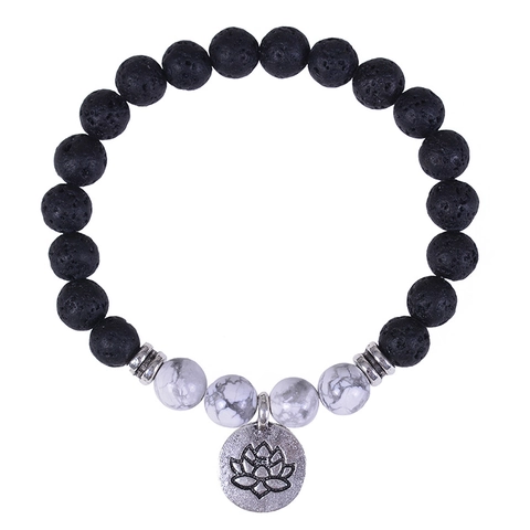 Bracciale Di Perline In Pietra Vulcanica Lavica E Turchese Bianco Con Ciondolo A Loto In Metallo Elastico Yoga Moda