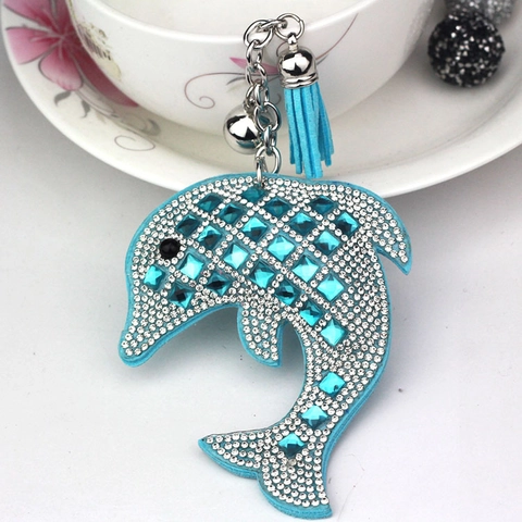 Fonkelende Dolfijn Sleutelhanger Met Strass En Leren Kwastje Bel Legering Tas Hanger Voor Vrouwen Meisjes Cadeau Auto Sleutel Accessoire