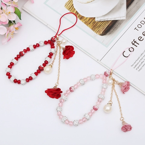 Charm Cordino Per Telefono Künstliche Perle Di Cristallo Di Vetro Perla Artificial Sintetica Ciondolo Fiore In Tessuto Cinturino Da Polso Elegante