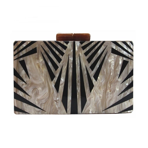 Borsa Da Sera Clutch In Acrilico Trama Marmo Design Geometrico Stile Art Deco Vintage Con Tracolla A Catena Dorata