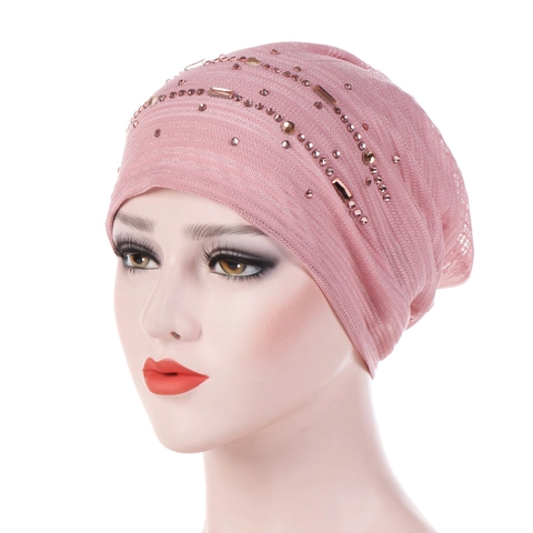 Women Breathable Polyester Turban Hat With Rhinestone Decoration Soft Solid Color Knitted Beanie Cap For Spring Autumn