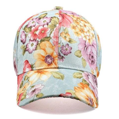 Women Baseball Cap Floral Print Cherry Blossom Embroidery Cotton Linen Breathable Sun Protection Outdoor Adjustable
