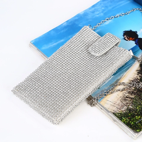 Rhinestone Mobile Phone Bag For Women Evening Party Sparkling Chain Crossbody Small Pouch Vertical Square Flap