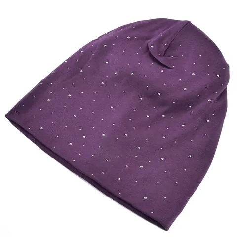 Women Slouchy Beanie Hat Rhinestone Embellished Warm Knitted Pullover Cap Solid Color Starry Autumn Winter Outdoor Hat