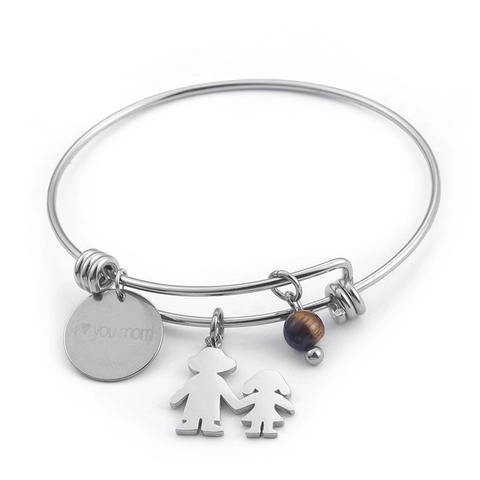 Brazalete Acero Inoxidable Grabado I Love You Mom Colgante Silueta Niño Niña Y Cuenta Ojo De Tigre Regalo Día De La Madre
