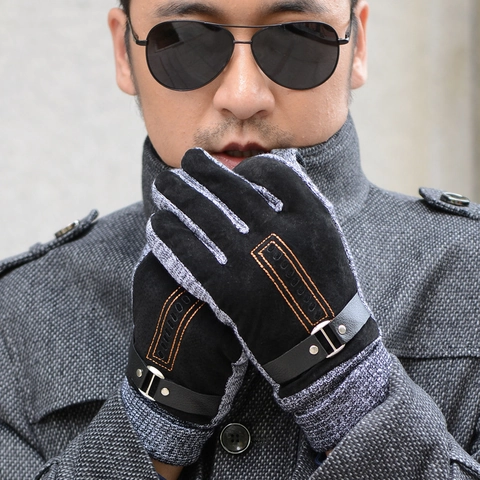 Men Winter Gloves Suede Knit Patchwork Touchscreen Thermal Warm Fleece Lined Windproof Buckle Strap