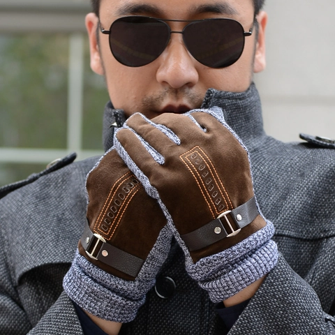 Men Winter Gloves Suede Knit Patchwork Touchscreen Thermal Warm Fleece Lined Windproof Buckle Strap