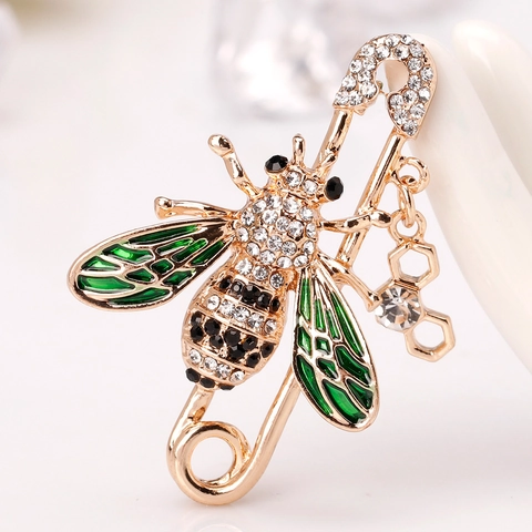Fashion Gold Alloy Bee Brooch For Women Green Enamel Wings Clear Black Rhinestone Safety Pin Brooch Versatile Jewelry Gift