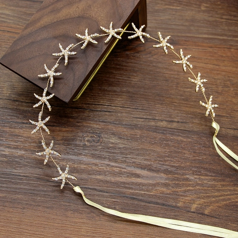 Girls Gold Alloy Rhinestone Starfish Headband And Earrings Marine Style Hair Jewelry For Wedding Party Accessory