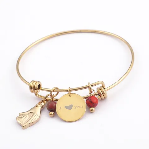 Edelstahl Verstellbarer Charm Armreif Armband Mit I Love You Herz Rund Anhänger Rote Perlen Mode Damen Schmuck