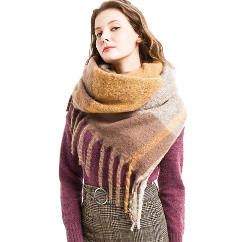 Damen Karo Quaste Schal Dick Weich Imitat Mohair Gitter Muster Schalwickel Winter Warm Polyester Übergroßer Schal Für Damen