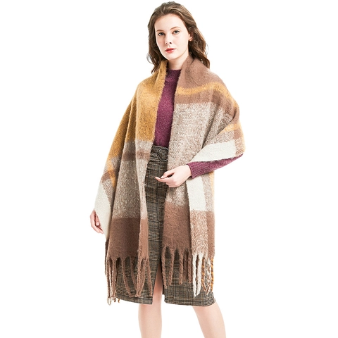 Damen Karo Quaste Schal Dick Weich Imitat Mohair Gitter Muster Schalwickel Winter Warm Polyester Übergroßer Schal Für Damen