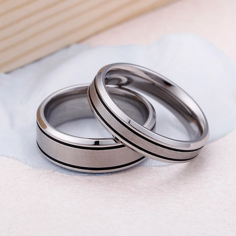 Minimalist Band Rings Stainless Steel Brushed Surface Black Double Groove Couple Jewelry For Men Women