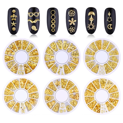 Borchie Per Nail Art In Metallo Dorato Per Manicure Fai Da Te Forme Stella Luna Cuore Cave Accessori Decorativi Assortimento