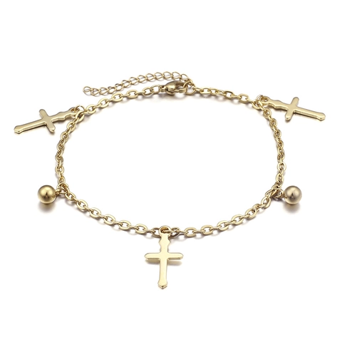 Tobillera De Acero Inoxidable 316L Con Colgantes De Cruz Y Cuentas Cadena Ajustable Joyería De Moda Para Mujer Chapado En Oro 18K