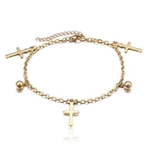 Tobillera De Acero Inoxidable 316L Con Colgantes De Cruz Y Cuentas Cadena Ajustable Joyería De Moda Para Mujer Chapado En Oro 18K