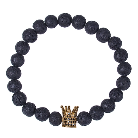 Bracciale In Pietra Lavica Naturale Elastico Con Ciondolo A Corona In Lega Zirconia Micro Pavé Gioielli Di Moda Unisex