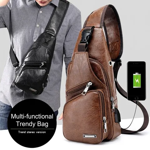 Herren Brusttasche PU Leder Wasserdicht USB Ladeanschluss Kopfhörerloch Casual Travel Crossbody Sling Bag