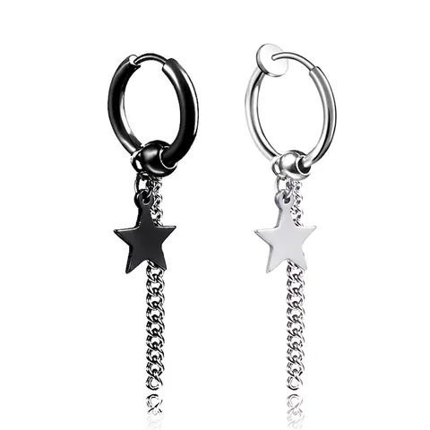 Edelstahl Fünf Zacken Stern Anhänger Hoop Ohrringe Mit Langer Kette Quaste Punk Hip Hop Street Style Schmuck Unisex