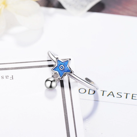 Blue Star Pendant Adjustable Ring Silver Plated Copper Dainty Starry Sky Style Jewelry For Women