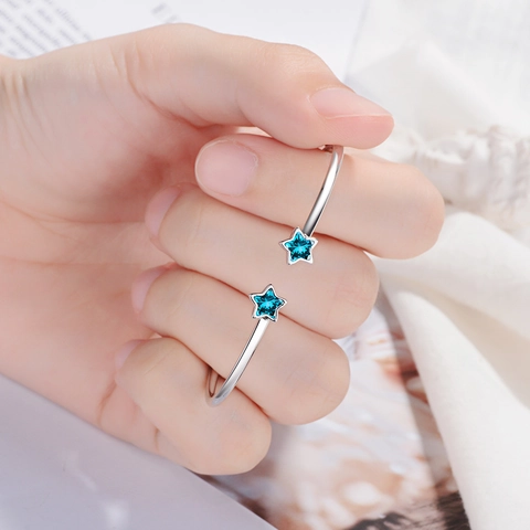 Bracelet Jonc Ouvert Réglable Cuivre Plaqué Or Blanc Avec Cristal Étoile Bleue Bijoux De Mode Coréenne