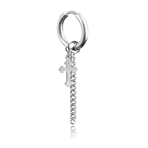 Punk Gothic Cross Tassel Chain Drop Earrings For Men Women Stainless Steel Huggie Ear Buckle Clip On No Pierced Jewelry