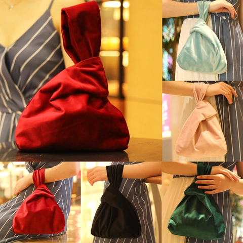 Velvet Japanese Knot Bag Wrist Handbag Vintage Solid Color Small Evening Pouch For Women