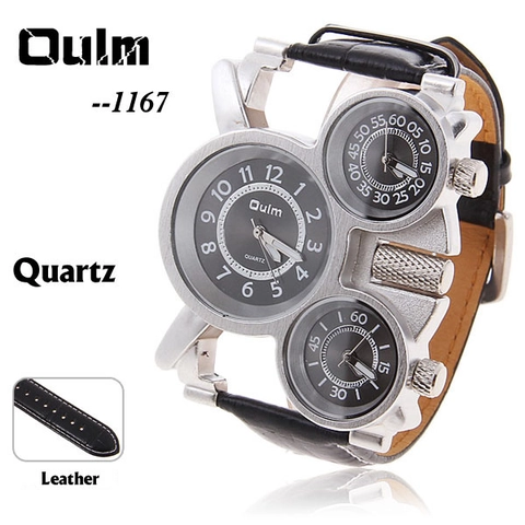 Men Quartz Watch Large Dial Multi Time Zone Military Sporty Alloy Case Leather Strap Compass Thermometer Wristwatch