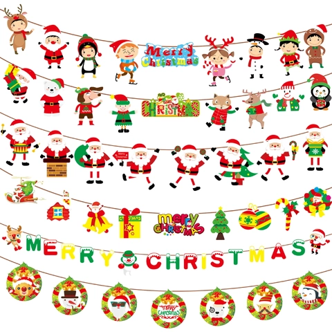 Banner Di Natale Bandierine Di Carta Cartone Animato Babbo Natale Renna Pupazzo Di Neve Ghirlanda Per Festa Interna Decorazione