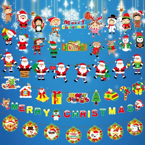 Banner Di Natale Bandierine Di Carta Cartone Animato Babbo Natale Renna Pupazzo Di Neve Ghirlanda Per Festa Interna Decorazione