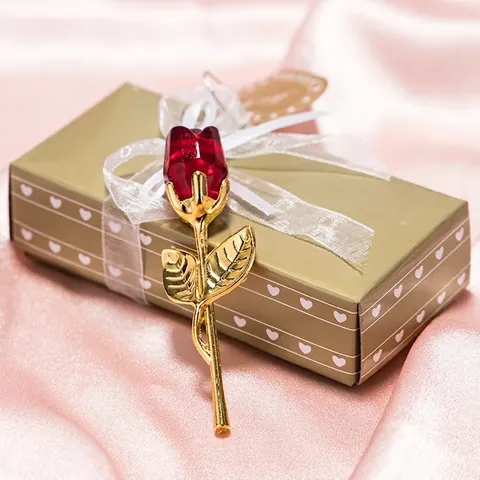 Crystal Rose Flower Figurine With Metal Stem Faceted Artificial Glass Flower Romantic Wedding Valentines Day Gift Decor