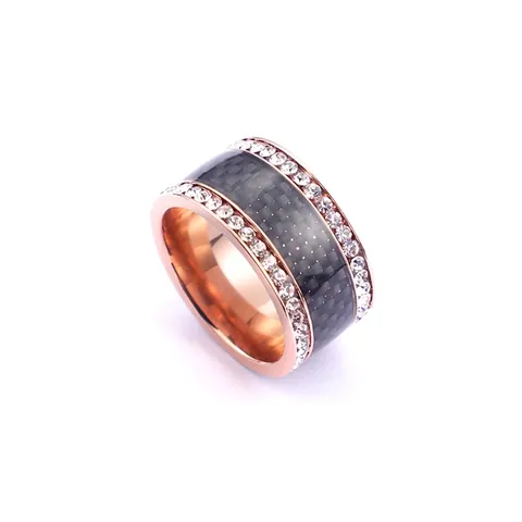 Anillo Ancho De Acero Inoxidable Con Doble Fila De Diamantes De Imitación E Incrustaciones De Fibra De Carbono