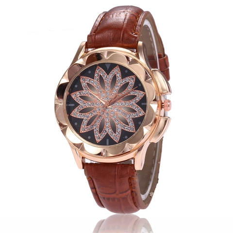 Women Quartz Watch Rhinestone Flower Dial Alloy Case Crocodile Pattern PU Leather Strap Fashion Elegant Ladies Watch