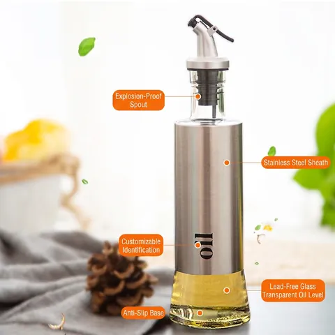 Glass Oil Dispenser Bottle Stainless Steel Leak Proof Vinegar Cruet Kitchen Sauce Pourer With Visualized Bottom