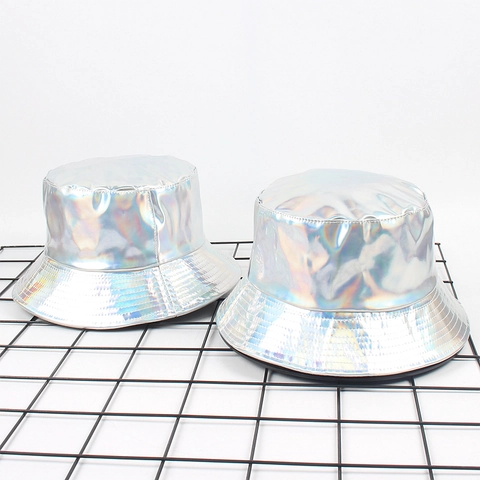 Sombrero De Pescador Plateado Holográfico Reversible Brillante Cuero PU Láser Reflectante 3D Streetwear Moderno