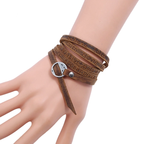 Bracelet Multi Rangs Rétro En Cuir De Vachette Véritable Avec Lettres Gravées Bijoux Hip Hop Vintage Unisexe