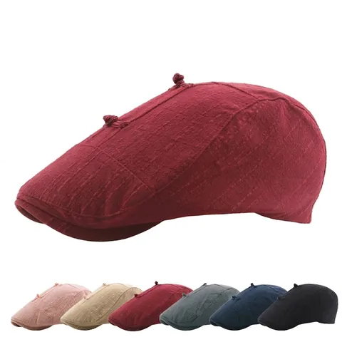 Gorra Plana De Algodón Y Lino Con Botón De Rana Estilo Étnico Retro Boina Ajustable Color Sólido Para Mujer