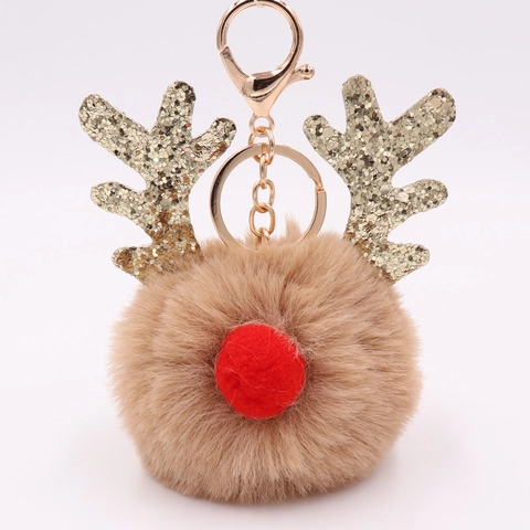 Portachiavi Pompon Renna Di Natale Pelliccia Sintetica Paillettes Corna Simpatico Ciondolo Per Borsa Regalo Festivo Per Donne