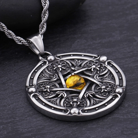 Ciondolo Rotondo Pentagramma Acciaio Inossidabile 316L Pietra Occhio Di Tigre Giallo Gotico Nodo Celtico Gioielli Viking Uomo