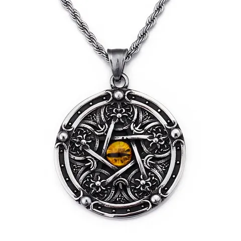 Ciondolo Rotondo Pentagramma Acciaio Inossidabile 316L Pietra Occhio Di Tigre Giallo Gotico Nodo Celtico Gioielli Viking Uomo