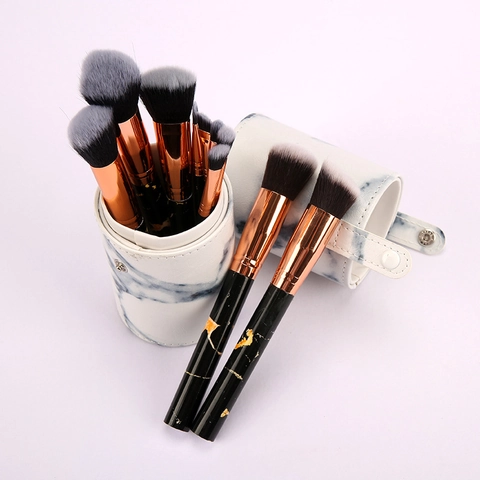Marble Pattern Makeup Brush Set Portable Beauty Tools With Storage Bag Or Cylinder Rose Gold Tube Synthetic Fiber Face Eye Makeup Brushes For Women