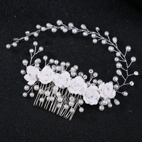 Pettine Per Capelli Da Sposa Fascia Elegante Fiore In Ceramica Perla Artificial Sintetica Strass Copricapo Da Sposa Per Donna