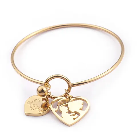 Stainless Steel Bangle Bracelet Heart Charms Love Mother Child Silhouette Gold Plated Jewelry Gift For Women